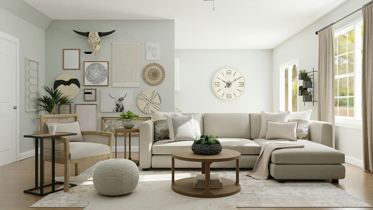 Neutral living room with fresh painted walls, wall clock and corner sofa